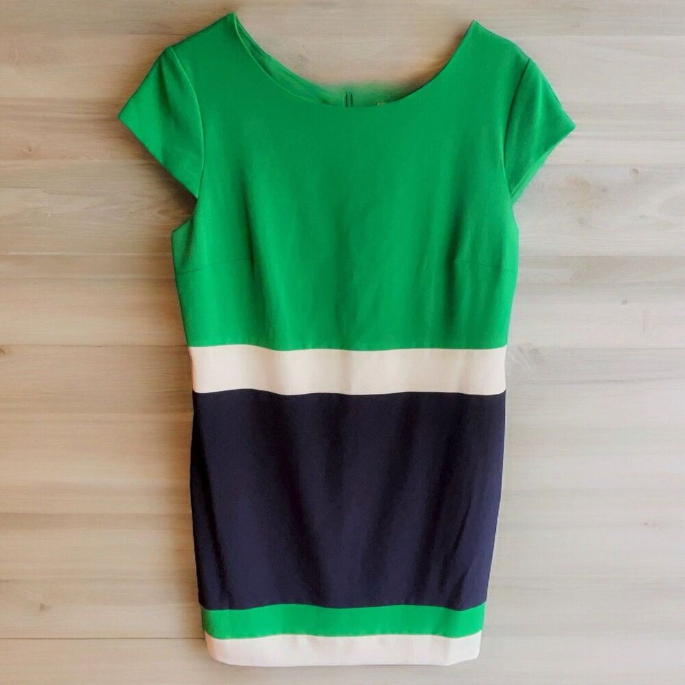 Women’s Sandra Darren Color Block Green Black White Office Sheath Dress 14 EUC
